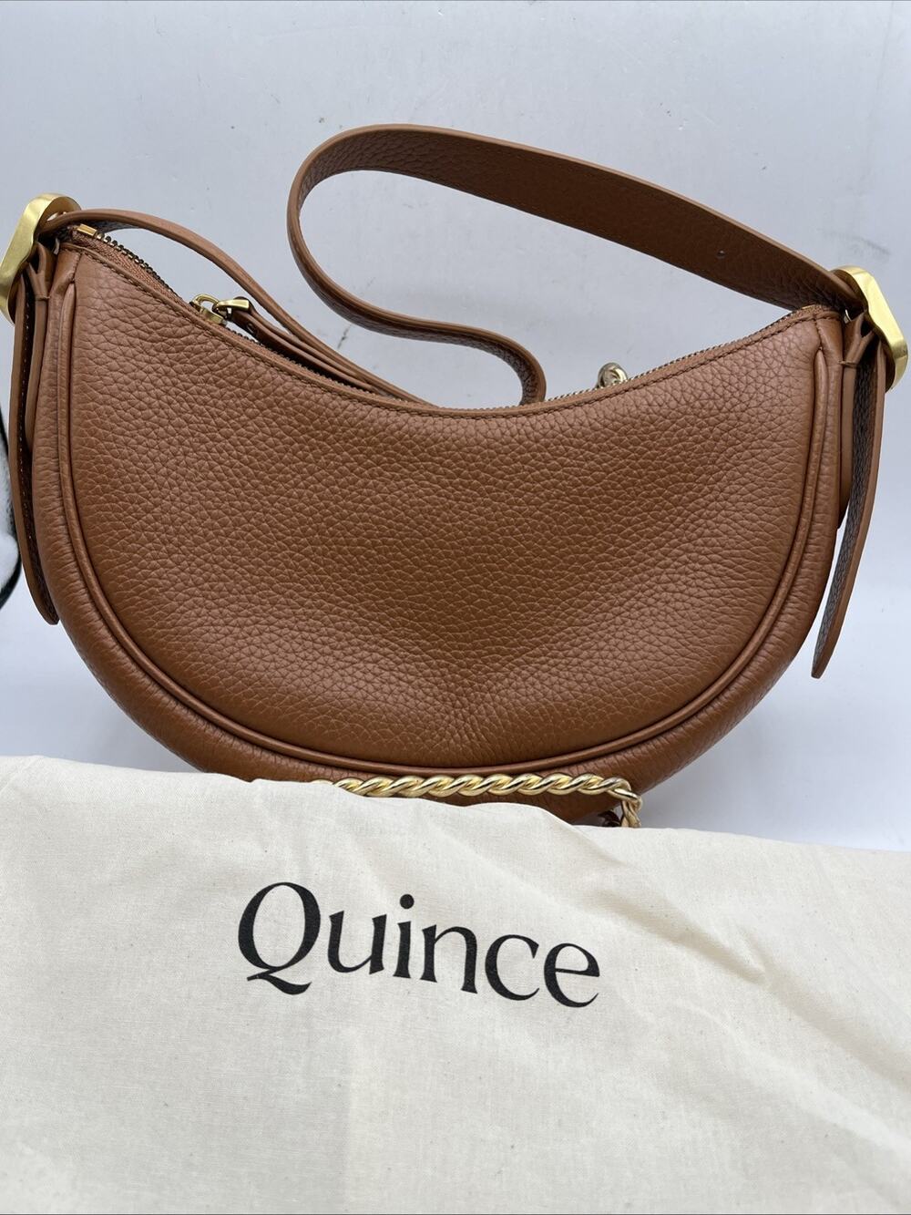 Quince Italian Pebbled Leather Convertible Crescent Shoulder Bag Light Brown NEW